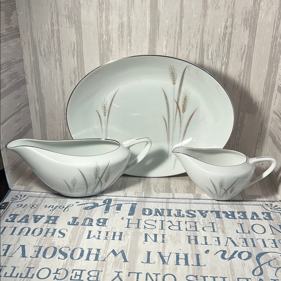 Platinum Wheat Fine China Vintage 3 Piece Set Gravy Boat Creamer & Fruit Bowl - Picture 1 of 11